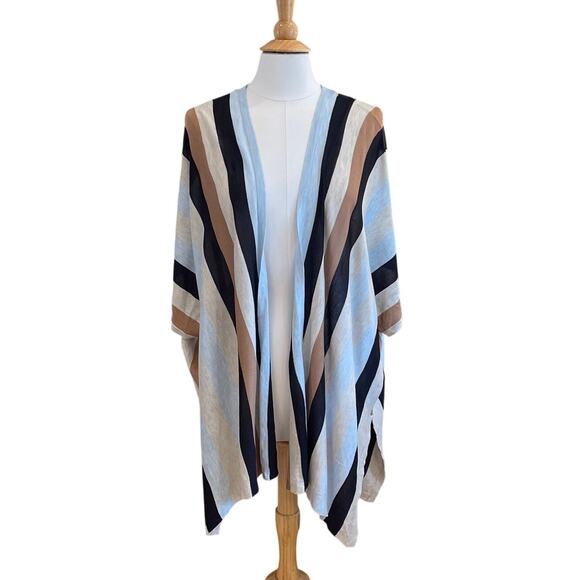 H&M Blue, Tan, Black Striped Short Sleeve Open Front Kimono Cardigan, XS/S - Picture 1 of 12